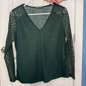 SHEIN Womens Dark Green Lace Long Sleeve V-Neck Slub Knit Top Size XS